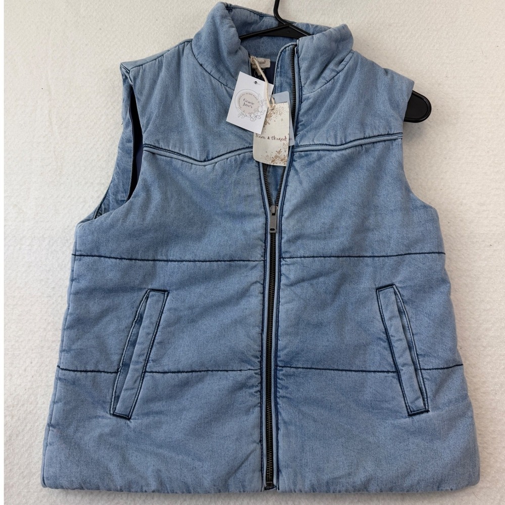 Hem & Thread Womens Blue Denim Look Quilted Puffer Vest Zip Front Mock Neck S
